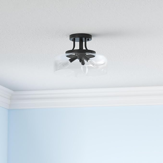 Modern Industrial Semi Flush Mount Ceiling Light with Clear Glass Shade, 3-Bulb Black Ceiling Light Fixture for Kitchen Bedroom Living Room Porch Hallway Entryway, E12 Socket, Bulbs Not Included