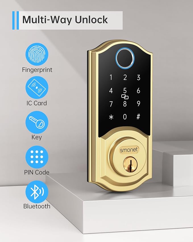 SMONET Smart Lock Keyless Entry Door Lock,Brass Fingerprint Smart Deadbolt with App Remote Control,Electric Bluetooth Digital Door Locks for Front Door,Easy to Install,Gold