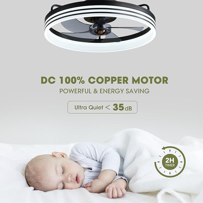 Ceiling Fan with Light, Flush Mounted Ceiling Fan with Lights, 6 Wind Speeds Smart Low Profile Fan for Bedroom, Kids Room and Living Room 20" (Black)