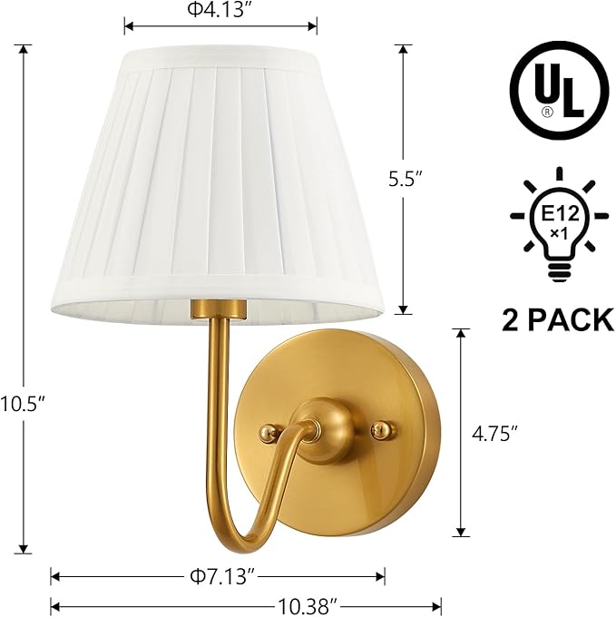 Set of Two Modern Wall Sconces Brass Frabic Wall Lights Contemporary Classic Wall Lamp for Bedside Hallway Vanity Stairway Fireplace Living Room, UL Listed