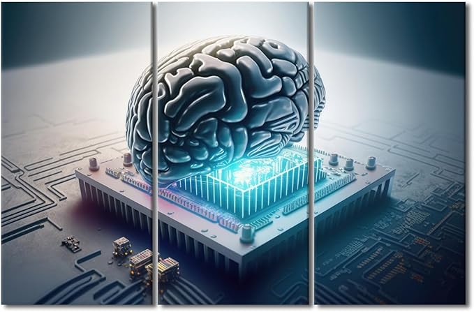 3 Panel Wall Art Brains and Computer Chips Poster on Canvas Framed Wall Art Future Technology Wall Decoration for Living Room Bedroom, Stretched Framed Ready to Hang, 60" Wx40 H