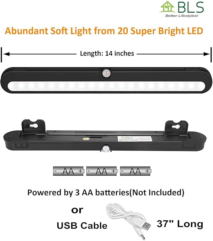 T01LB LED Closet Light - BLS Super Bright 20 LED Under Cabinet Lighting Battery Powered/DC Input Wireless Motion Sensing Light, Motion & Light Sensor, Light Beam Adjustable, Black(2 Pack)