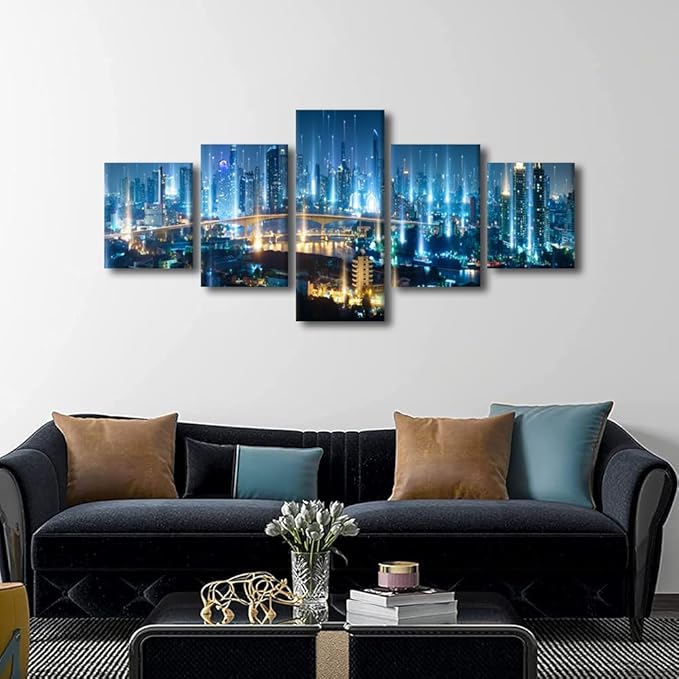 5 Panel Modern Smart City Poster Night Panoramic Cityscape Picture Printing Native Americans Home Decor Internet Companies Corridor Decor Big Data Worker Office Wall Artwork Ready to Hang 50x24 Inch