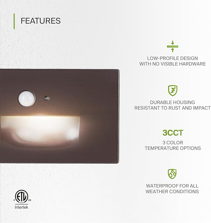 ASD LED Recessed Step Light Fixture, Dusk to Dawn Outdoor Tread Lighting | 3CCT, Motion Sensor, Photocell, Waterproof, ETL Listed | 3W 120LM 3000K-5000K 120V | Staircase Illumination | Dark Bronze