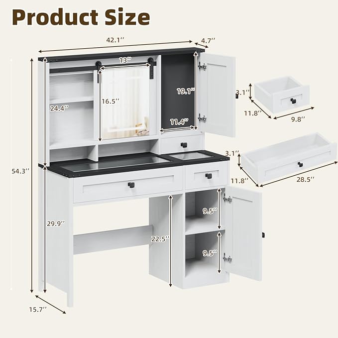 EROMMY 42" Farmhouse Makeup Vanity Desk with Lighted Mirror & Power Strips, Vanity Table with Sliding Barn Door, Open & Hidden Shelves, Drawers, Jewelry Cabinet, White Dressing Table, Light Adjustable