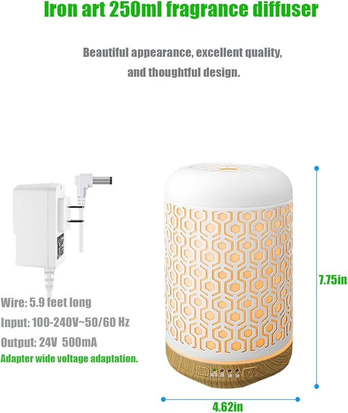 Essential Oil Diffuser, 250ml Iron-Art Ultrasonic Humidifier Aromatherapy Oil Diffuser with 4 Timer Mode & 7 Color Changing LED Lights, BPA-Free Waterless Auto-Off Aroma Diffuser (Off-White)