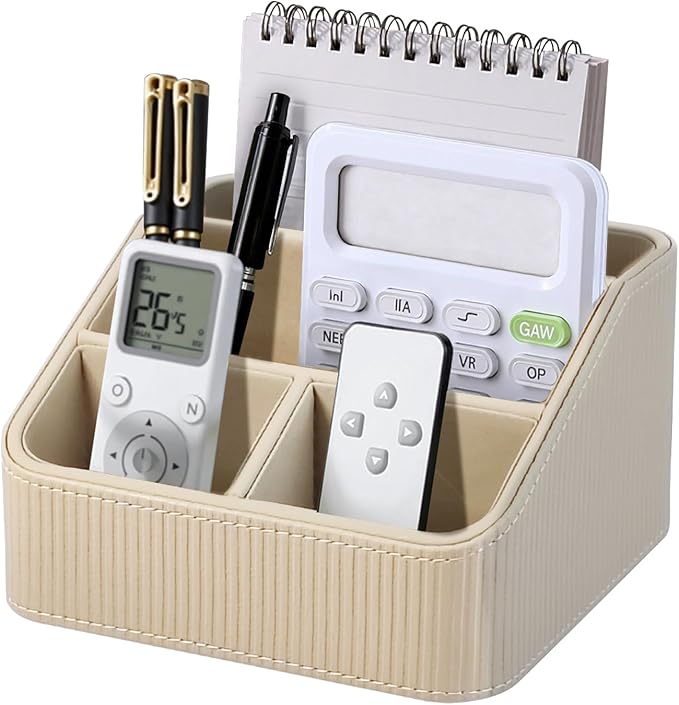 PU Leather Remote Control Holder with 4 Compartments, Small Desk Organizer Office Supply Bedside Caddy, All-in-One Small Bedside Remote Holder Nightstand Desktop Organizer