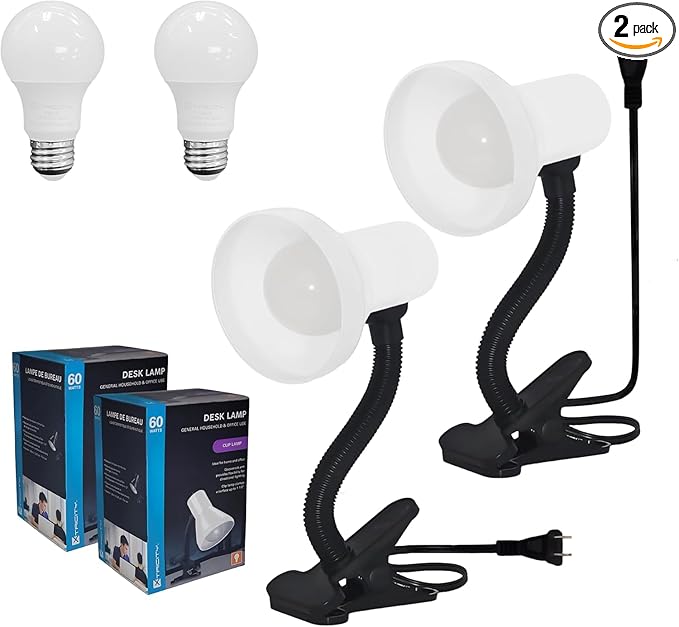 Xtricity LED Clip on Desk Lamp with 360° Flexible Gooseneck, Reading Light for Bed Headboard– A19 Bulb Included, 120V, On/Off Switch, 10.25” Height Table Lamp with White Finish (2 Pack)