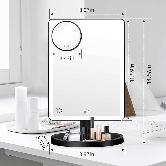 FUNTOUCH Large Lighted Makeup Mirror with Lights, 3 Color Lighting Modes Light Up Mirror with 88 LED, 10X Magnification and 360° Rotation Touch Screen Tabletop Cosmetic Vanity Make Up Mirror (Black)