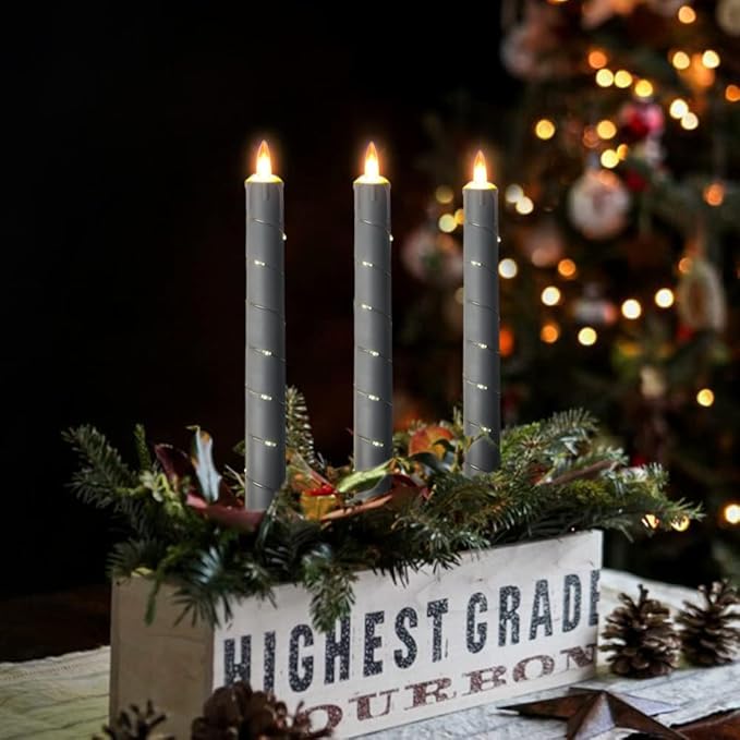 Flameless Candle, (Conical) Patented Starlight String, LED Candle, 11-Key Timing Remote Control, Battery Powered, Dance Flicker Flame, 6 Packs, Christmas Wedding Home Decor(Dark Gray)