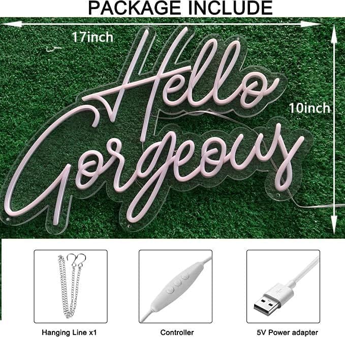 Hello Gorgeous Neon LED Night Light for Wall Home Party Wall Light Signs Wedding Valentine's Day Bedroom Birthday Art Backdrop Bar Club Glowing Letters Neon Sign with Dimmable Switch (White)