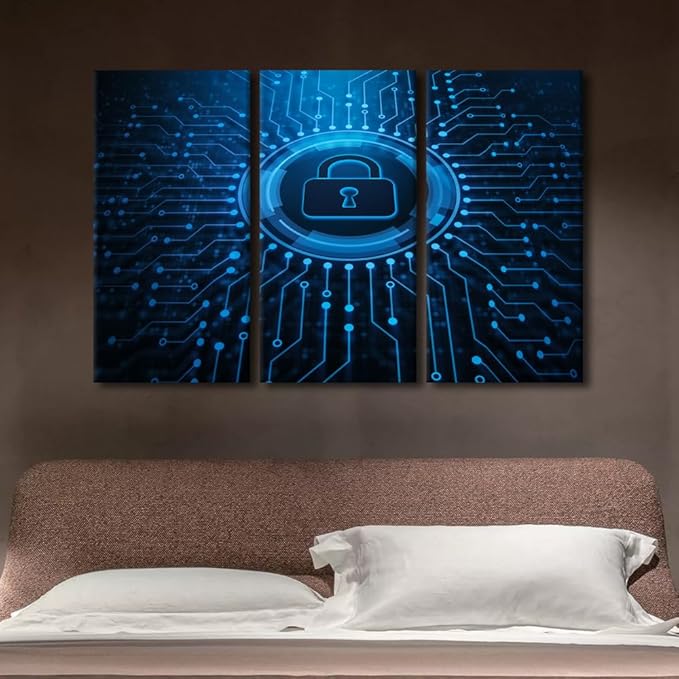 Lock Canvas Prints Wall Art AI Intelligence Picture Security Lock Symbol Paintings Canvas Print 3 Pieces Framed Wall Art Giclee Artwork Stretched Ready to Hang Posters, 60" Wx40 H