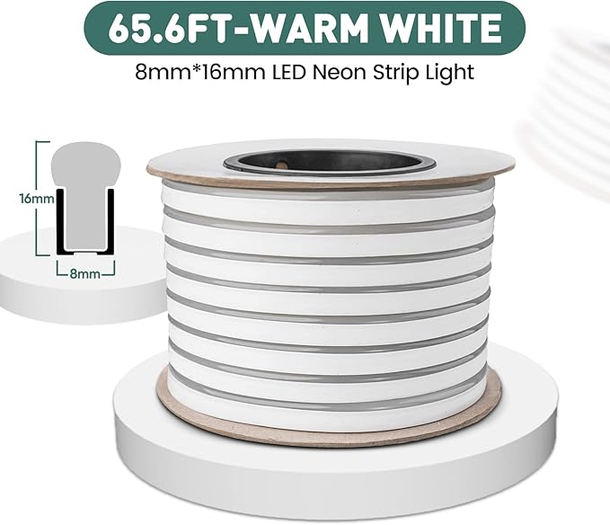 GZBtech Flexible LED Neon Rope Lights 66FT,AC 110-120V Waterproof Strip Light, 2800K Cuttable Connectable Neon Lighting for Indoor Outdoor Home Decor/Commercial Use-Warm White 20M, ETL Listed