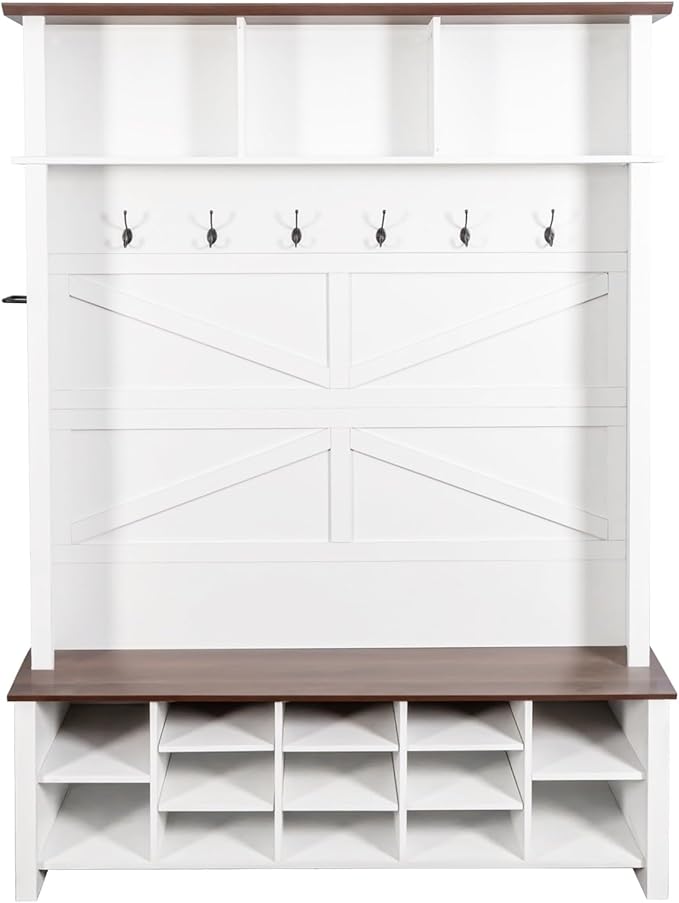Farmhouse 4-in-1 Hall Tree with 6 Hooks, Practical Walnut Entryway Bench with Adjustable Shelves, Wooden Style Rustic Shoe Organizer with 16 Open Compartments for Mudroom, Living Room (White/8C)