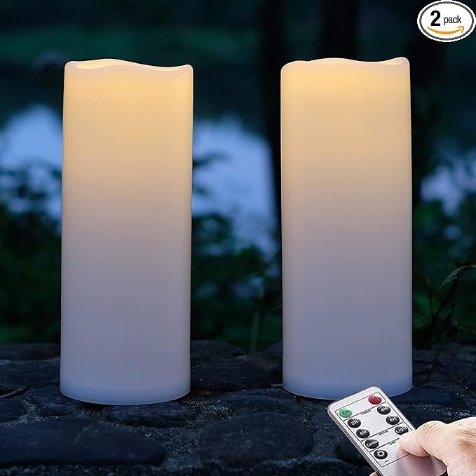 NONNO&ZGF 4X10'' Large Outdoor IP44 Warm White LED Rainproof Waterproof Candles, Huge Flameless Battery LED Pillar Candle with Remote and Timer, Resin, No Melt, 2 Pack
