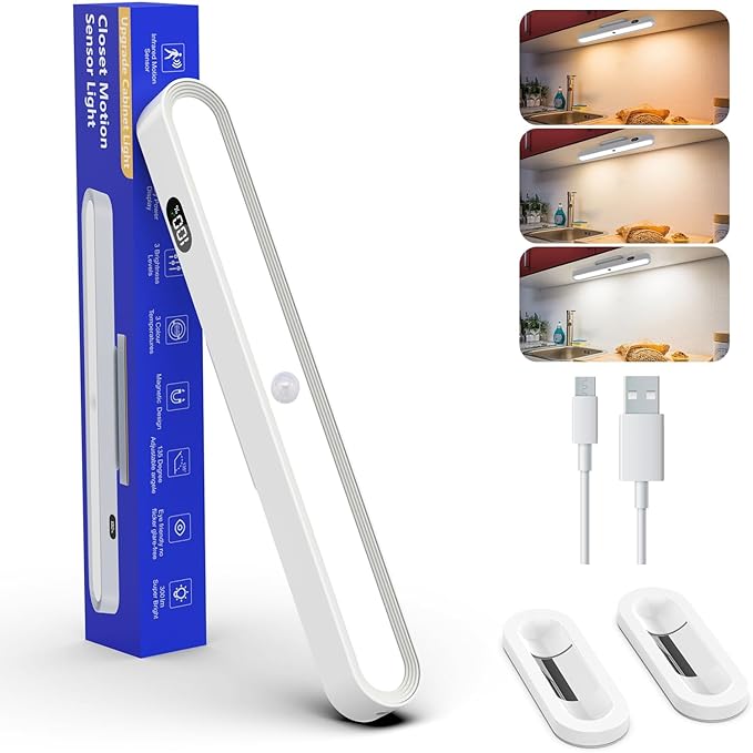 Motion Sensor Light Indoor with Battery Display,3000mAh Rechargeable Under Cabinet Lighting Magnetic Light Bar 300LM Battery Operated Closet Light Makeup Lights Stick On (White-A, Touch Control)