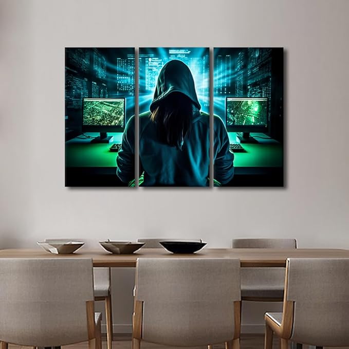 TUMOVO AI Big Data Wall Decor for Living Room Hacker Malware Picture Canvas Prints 3 Pieces Wall Art Hacker Artwork for Home Office Room Wall Decorations Canvas Art Prints Ready to Hang, 42" Wx28 H