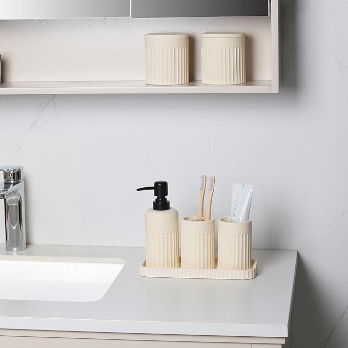 INIUNIK Bathroom Accessory Set - 6 Pieces Bathroom Accessories Set Complete with Soap Dispenser, Toothbrush Holders, Tumbler, Vanity Tray and 2 Qtip Holder for Home Organizer and Decor, Beige