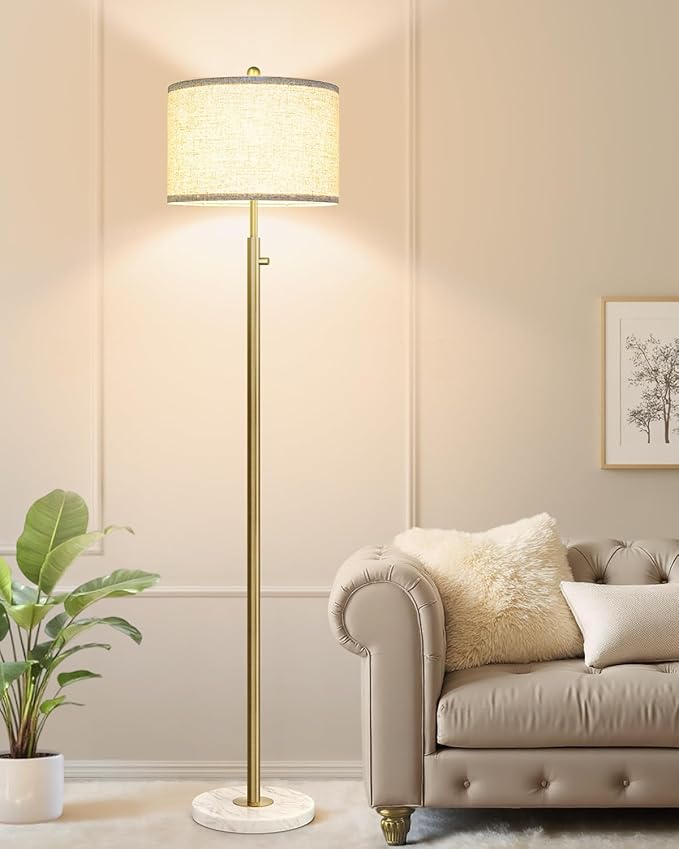 【Upgraded】 Dimmable Floor Lamp for Living Room, 11W LED Bulb Included, Modern Standing Lamp with Marble Base, Tall Pole Light with Linen Shade for Bedroom Reading Office Corner Nursery-Brass Gold