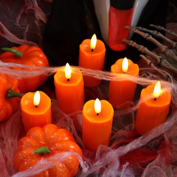 CANDLE CHOICE Battery Operated Flameless Votives with Auto Daily Cycle Timer Long Lasting Realistic Black Wick Electric LED Candles Wedding Party Holiday Halloween Christmas Decorations 6 Pack Orange