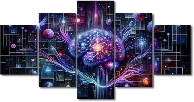 5 Panel Neural Network Wall Art for Bedroom Futuristic Technology Wall Decor for Living Room AI Print Artwork Canvas House Wall Decoration Framed Artwork for Walls 60" Wx32 H