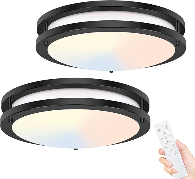 hepside 2Pack Flush Mount LED Ceiling Light with Remote, Dimmable& 3000K-6500K Adjustable Ceiling Light Fixture, Timer, Night Light, 10 inch Black Ceiling Lamps for Kitchen Bathroom Bedroom Hallway