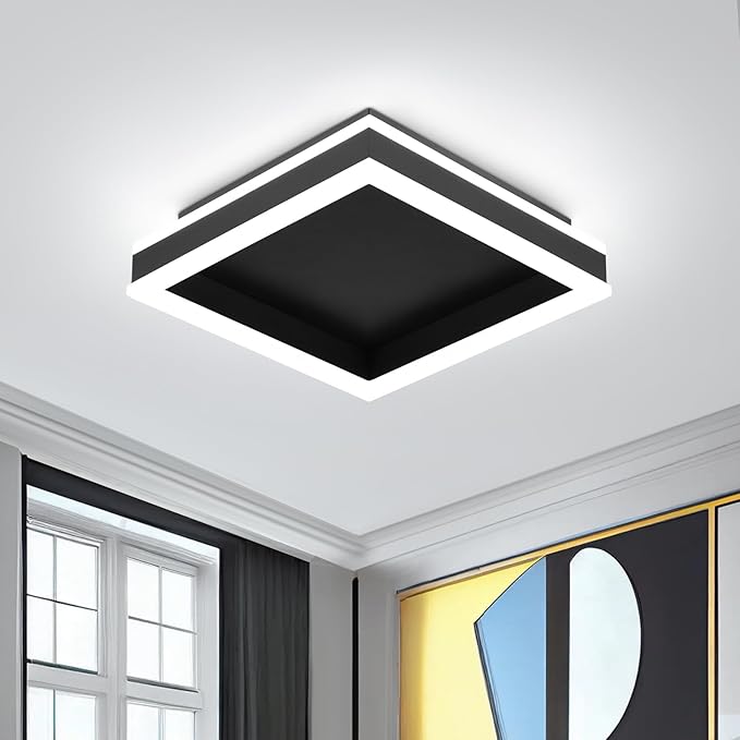 Square LED Flush Mount Ceiling Light, 5500K Cold White Black Modern Ceiling Light Fixture,Minimalist Close to Ceiling Lamp for Hallway Entryway Bedroom Kitchen Laundry Room (9.5 in)