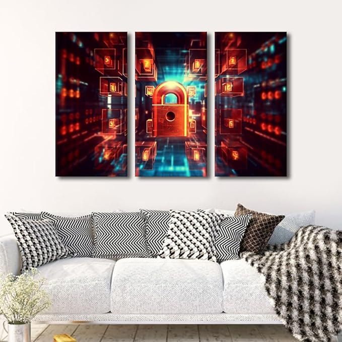 TUMOVO Cybersecurity Wall Art 3 Panel Digital Image of Padlock Cyber Security Background Pictures Print on Canvas for Living Room Bedroom Decoration Stretched Framed Ready to Hang, 42" Wx28 H