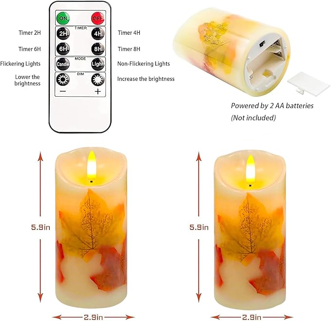 Flameless Candles Light, Set of 2 6"x3" Maple Leaf Flickering LED Candles with Remote & Timer, Dimmable Electric Pillar Candles Battery Operated, Fall Candles for Thanksgiving Harvest Autumn Decor