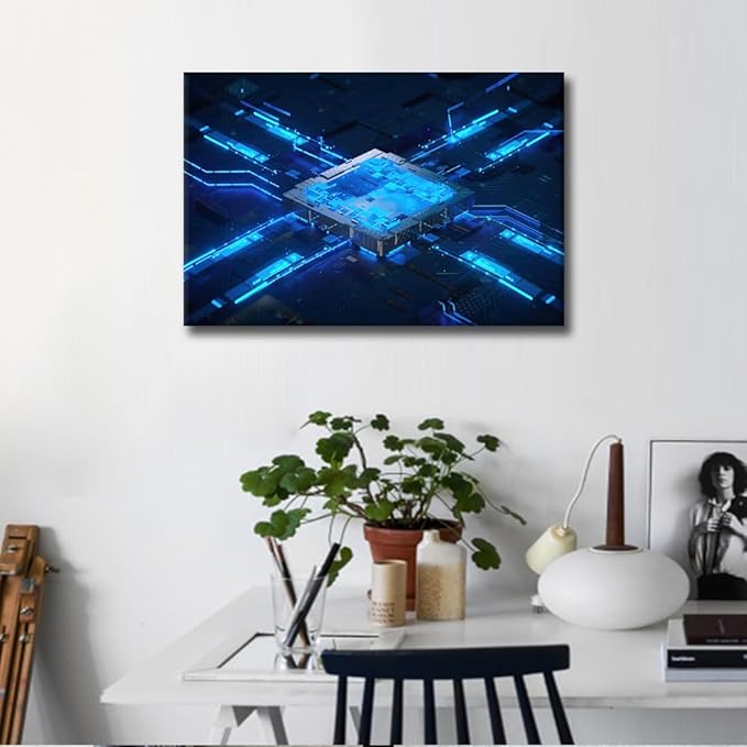 TUMOVO Canvas Wall Art for Living Room Technology Digital Art Large Wall Art CPU Concept Modern Artwork Computer Chip Contemporary Home Decor Print On Canvas Ready to Hang for Bedroom Office 36x24in