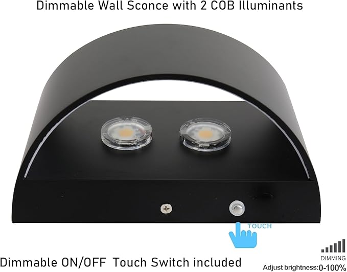 Indoor Dimmable Wall Sconces with Dimmable Switch, Modern LED Sconces Wall Lighting 16W Wall Light Fixtures Aluminum Up and Down Wall Lights (Black with Touch dimming, 6000K)