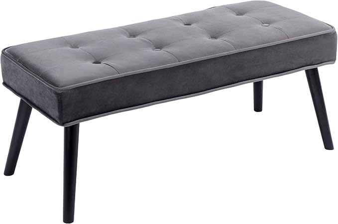 LOULENS Button Tufted Ottoman Bench, Fashionable Upholstered End of Bed Bench, Comfortable Velvet Entryway Bench for Living Room, Dark Gery