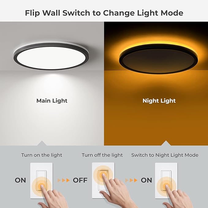 Matane 12 Inch LED Flush Mount Ceiling Light Fixture with Night Light, 24W 2400LM 3000K/4000K/5000K Selectable, Dimmable Ceiling Lights for Bedroom, Dining Room, Kitchen, Round Black