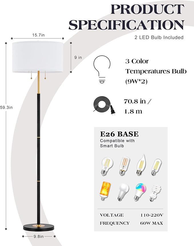 ELYONA 2-Light Floor Lamp Modern Reading Standing Light 3 Color Temperatures LED Bulbs Include White Fabric Shade Vintage Tall Pole Corner Lamp for Bedroom Living Room Office, Black & Brushed Gold