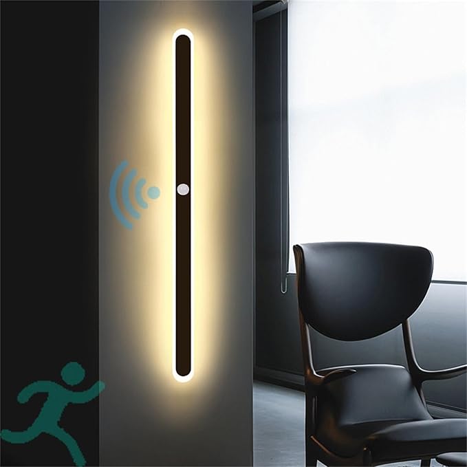 Modern LED Wall Sconce with Motion Sensor Interior Acrylic Black Wall Lamp Indoor Minimalist Long Wall Light Inside Lighting Fixtures for Living Room Bathroom Front Door Bedroom (30CM,Warm Light)
