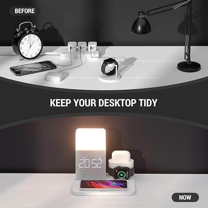 Wireless Charging Station, iPhone 3 in 1 Fast 15W Wireless Charger with Alarm Clock and Night Light, Charging Dock for iPhone 12/13/14/15/16/17 Pro/Pro Max, Samsung, AirPods