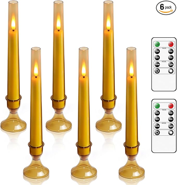 Flameless Taper Candles with Remote and Timer - 6 Pack LED Candles, Battery Operated, for Home, Wedding, Party (Gold)