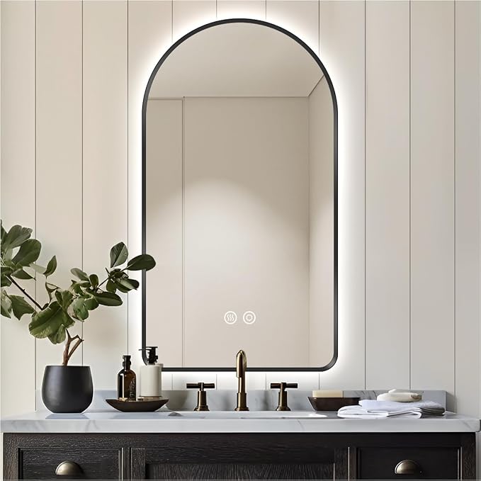 40" x 24" Arched LED Bathroom Mirror, Black Framed, Backlit Vanity Mirror with Lights, Wall Mounted Lighted Mirror, Dimmable 3-Color Shatter-Proof Arch Smart Mirror, UL-Listed, CRI≥93