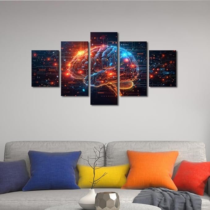 5 Panel Artificial Intelligence Human Brain Canvas Wall Art Neural Networks Painting Wall Decorations for Living Room Technology Posters Data Code in Brain Pictures for Bedroom Wall Decor 60"Wx32"H