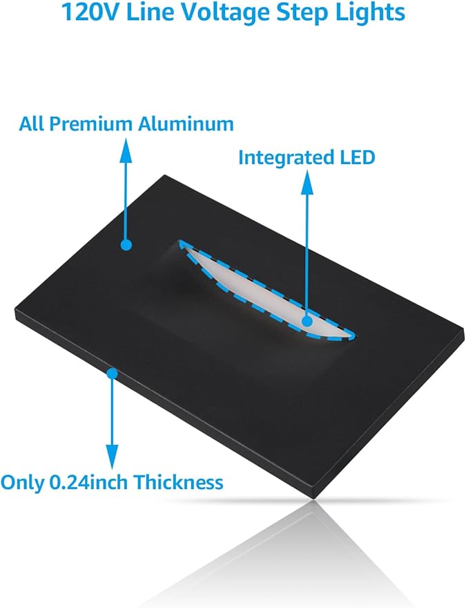 LEONLITE Black 5CCT 120V LED Step Lights, 3.5W 150LM 5%-100% Dimmable Horizontal Stair Lights Indoor Outdoor Wet Location, CRI90+ & ETL, 2700K/3000K/3500K/4000K/5000K, Aluminum, Pack of 6