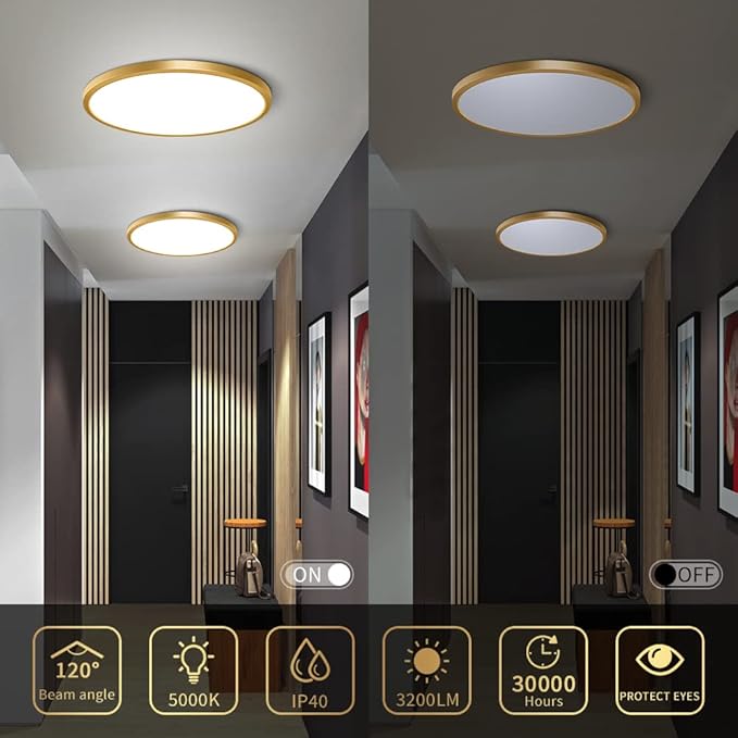 12 Inch Gold LED Ceiling Light Flush Mount, 5000K Daylight White Flat LED Ceiling Light, 24W 3200LM, Round Flat Gold Light Fixture for Bedroom, Kitchen, Hallway (2 Pack)
