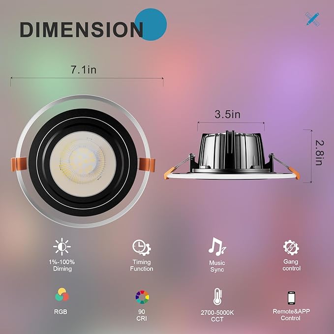 Lightdot 6 Inch Smart Recessed Lighting, 36° Spotlight + RGB Halo Ring, Dual-Zone Control, Full Metal RGBWW Color Changing LED Canless Downlight with Junction Box, Remote&App, 100-277V, 1Pack-ETL
