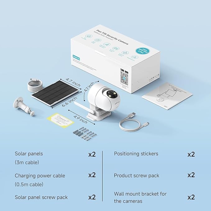 Solar Camera Outdoor Wireless, 2K Color Night Vision, Security Cameras Wireless Outdoor with 360°View, 4X Zoom, Battery Powered, 2.4GHz WiFi Solar Camera, PIR Alarm, IP65 Weatherproof, 2pack