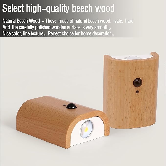 LANDGOO 1-Pack Wood Step Light with Motion Sensor, Rechargeable Stair Night Light, Beech Wood 2700K Warm White LED Wall Lamp, Easy No-Wire Installation for Hallway Bedroom