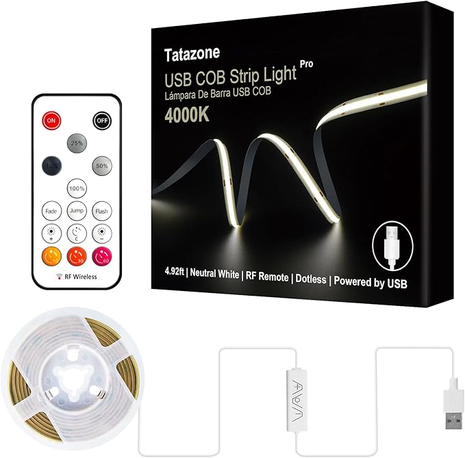 5V USB COB Led Strip Light with RF Remote, 4.92ft Dimmable 4000K CRI93+ USB Powered COB Led Light Strip, Indoor COB Led Light for Cabinet, TV, Camping, Monitor, Showcase, Motorhome