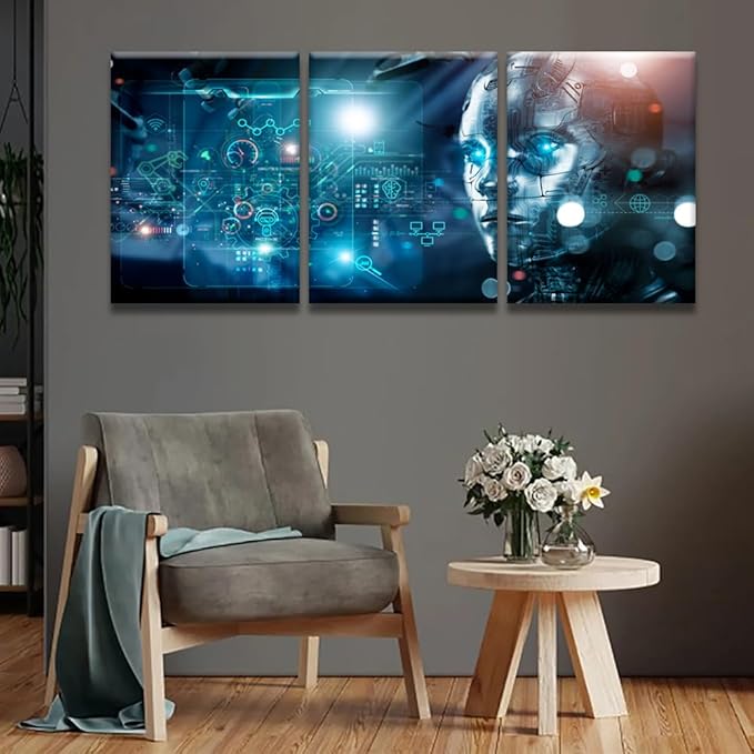 Framed Wall Art Modern Canvas Wall Art 3 Panels Machine Learning, Data Exchange, Industry 4.0 Posters Pictures Print on Canvas for Living Room Bedroom Wall Decoration, 12x16inchx3