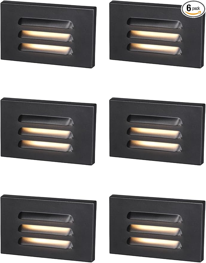 LEONLITE 5CCT 120V LED Step Lights, 3.5W Dimmable Horizontal Louvered Stair Lights Indoor Outdoor, Wet Location, CRI90, ETL, 2700K/3000K/3500K/4000K/5000K, Aluminum, Black, Pack of 6
