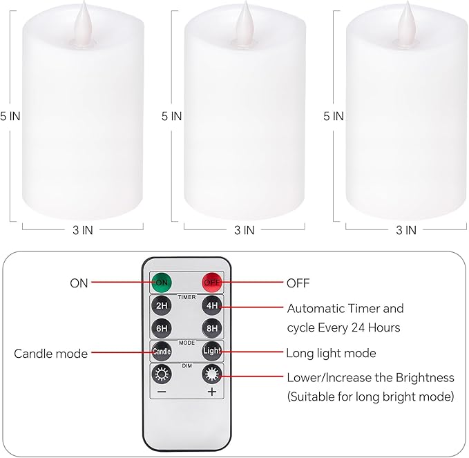 3PCS, 3 x 5 inches Flameless Candle with Remote Control, 3D Flickering Wick, Real Wax Pillar LED Candles, Battery Candles,with Timer,for Holiday Home Decor,White