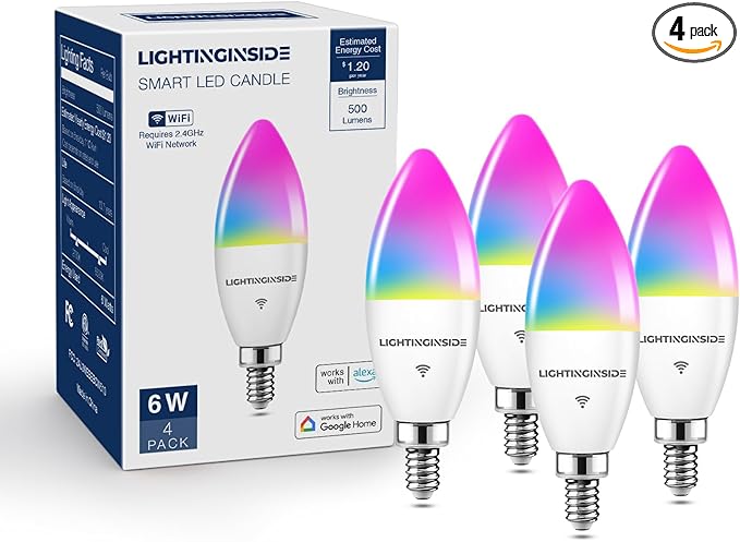 Lightinginside E12 Smart Light Bulbs 60W Equiv., Work with Alexa/Google Home/SmartLife, 500LM 6W RGBCW Candle Candelabra LED Light Bulbs, No Hub Required, 2.4G WiFi Bluetooth Bulb, ETL Listed, 4PCS