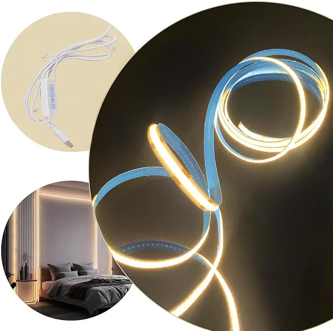 COB LED Strip Lights Warm 6.56ft, 5V Dimmable LED Light Strip, Flexible USB LED Strip for Cabinet, TV Backlighting, Bedroom, Kitchen, Home DIY Lighting
